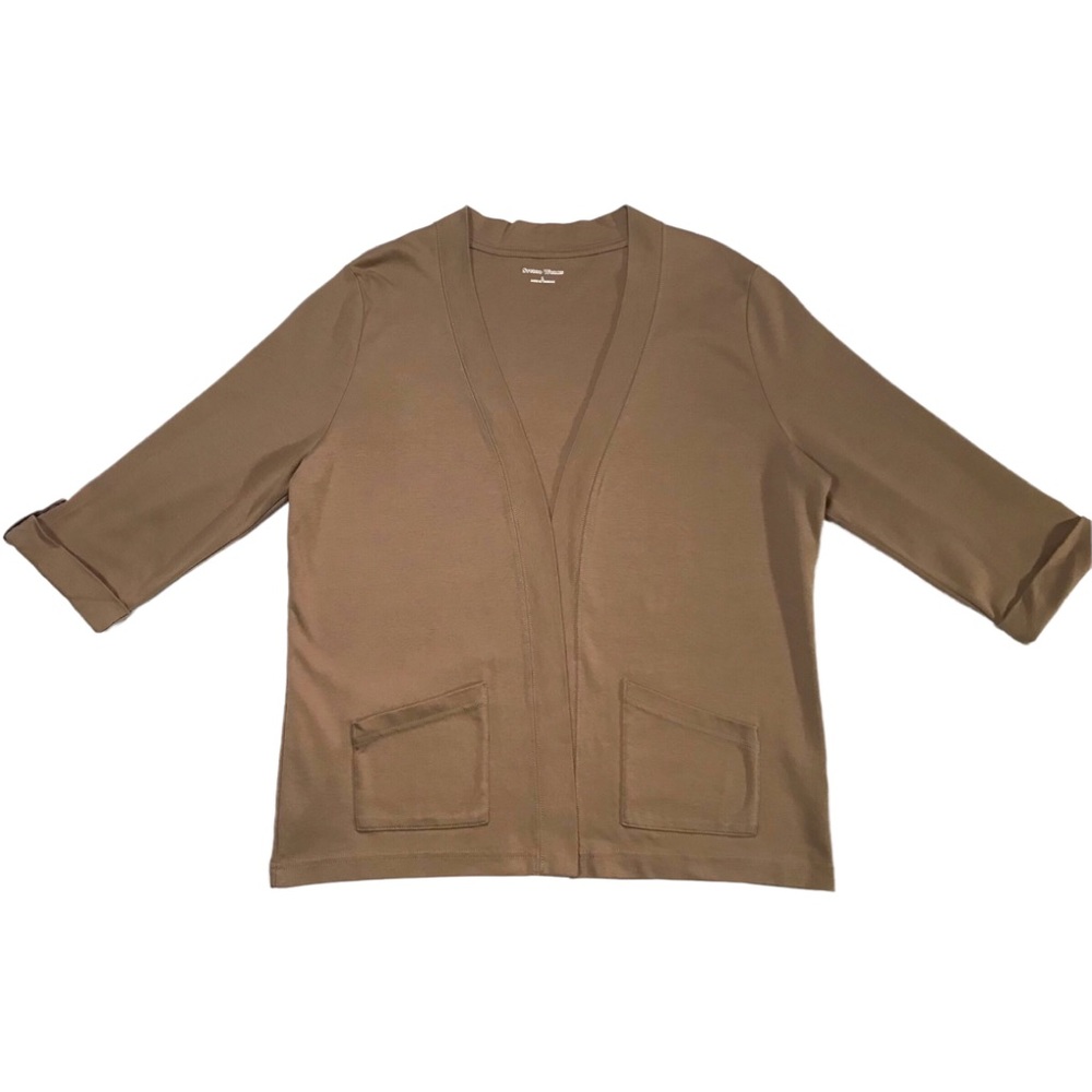 Studio Works Large Beige Cardigan Open Lightweight Jacket Knit with 3/4 …